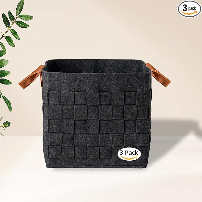 Storage Basket 3 Pack, 13" x13" x13 " Large Blanket Baskets with Leather Handle, Cube Felt Fabric Storage Box for Shelves, Bedroom, Nursery, Living Room - Dark grey