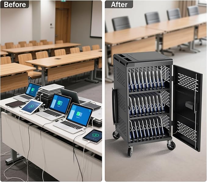 Fully Assembled 30 Unit Device Charging Station for Chromebook, iPad, 14'' Laptop - Pre Built Charging Cart with Charger Cable Management, Circuit Breaker, Grounding Protection (Black)