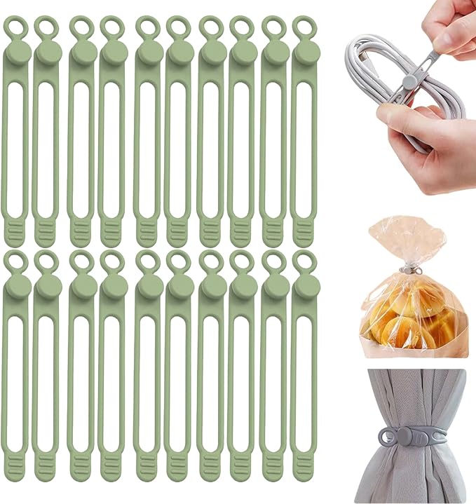 Data Cable Organizer, Silicone Cable Ties Reusable - Elastic Cord Organizer for Electronics, Adjustable Wire Ties for Cable Management,Computer Wires,Phone Charger,Earphone,Home Office (Green, 20PCS)