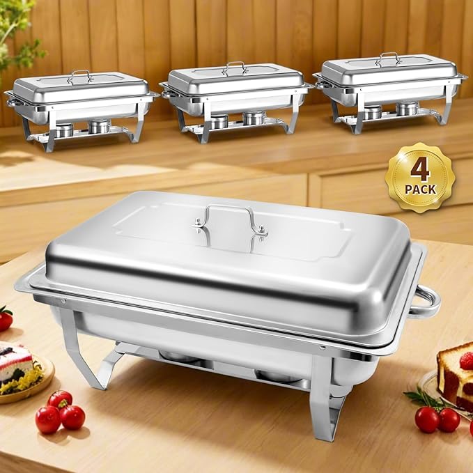 8 Qt 4 Pack Full Size Stainless Steel Chafing Dishes Buffet Set, Silver Rectangular Catering Chafer Warmer Set with Trays Pan Lid Folding Frame Stand for Kitchen Party Banquet Dining