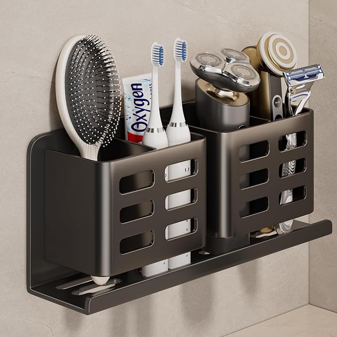 Aluminum Toothbrush Holder Self-Adhesive Hanging Bracket Shower Toothbrush Razor Holder Suitable for Toothbrush, Toothpaste, Razor and Comb etc Bathroom Storage