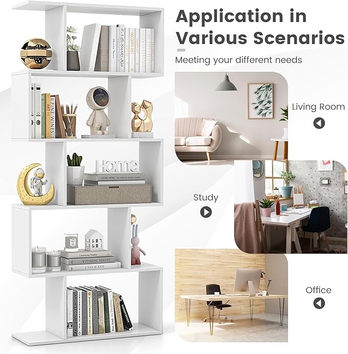 5-Tier Geometric Bookcase Set of 2, 62.5” Freestanding Room Divider Bookshelf with Open Display Shelves & Anti-tip Device, Wood S-Shaped Storage Organizer for Living Room, Bedroom & Home Office