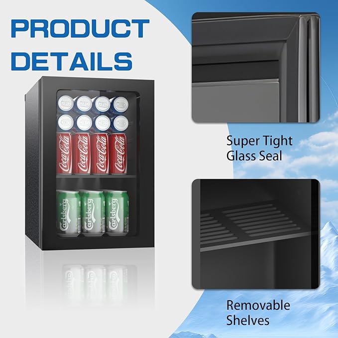Compact Beverage Refrigerator,24 Can/0.9 Cubic Feet Fridge with Glass Front Door for Soda, Beer or Wine, Under Counter Small Refrigerator with Adjustable Shelve