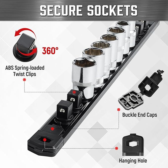 ALOANES 3-Piece Magnetic Socket Organizer, Heavy Duty Aluminum Socket Rails Organizer, 360° Swivel Clips Socket Holder Kit for Tool Box, 1/2-Inch Socket Holder x 36 Clips (Black)