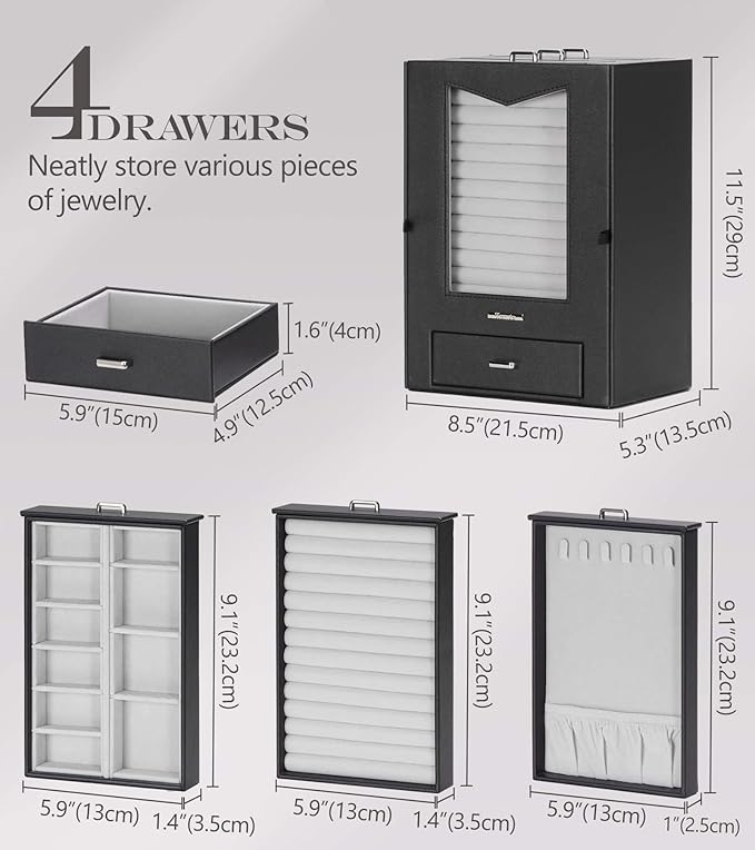 Homde Jewelry Organizer with Transparent Window Necklace Hooks Gift for Women Jewelry Box Display Case for Necklaces Rings Earrings Bracelets and Other Accessories (Black)
