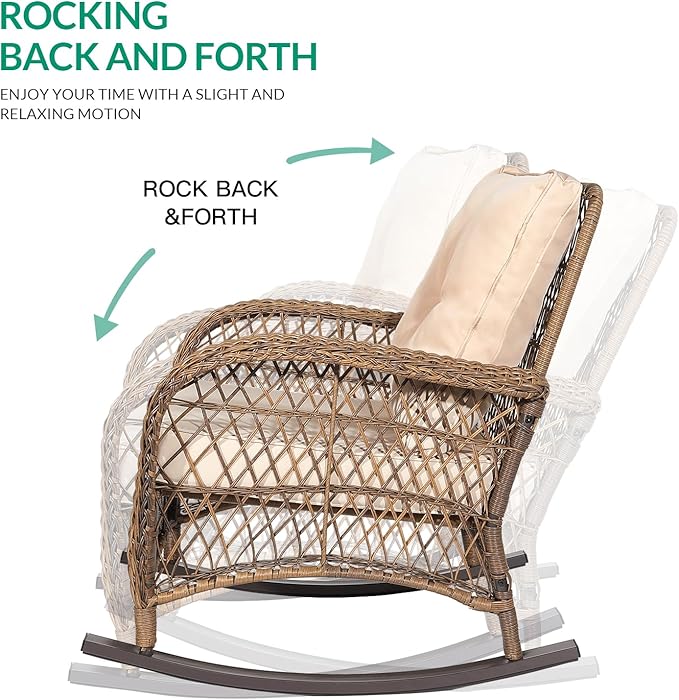 VIVIJASON 2 Piece Patio Wicker Rattan Rocker Chair, Outdoor Rattan Rocker Chair with Cushions & Steel Frame, All-Weather Rocking Lawn Wicker Furniture for Garden Backyard Porch (Beige)