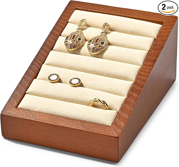 Oirlv Solid Wood Ring Tray Display Stand Slotted Jewelry Ring Showcase Display Jewelry Organizer for Trade Showcase(Creamy-white)