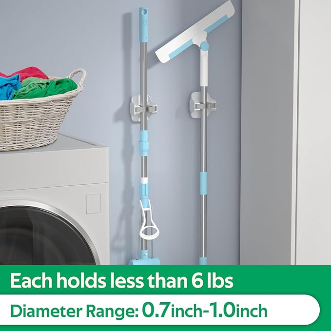 reliahom 10 Pack Broom Holder Wall Mount Mop Grippers No Drilling Self Adhesive Anti-Slip Mop Handle Hanger Dustpan and Broom Organizer Garage Storage Racks-White