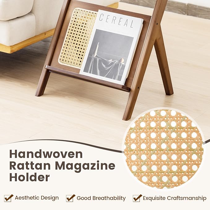 GOFLAME Rattan Side Table, Z-Shaped End Table with Tempered Glass Top, Magazine Rack, Boho Night Stand, Small Coffee Table, Bamboo Accent Bedside Table for Living Room, Bedroom, Walnut