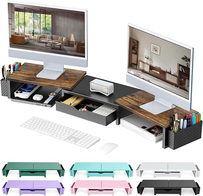 gianotter Dual Monitor Stand Riser, Desk Organizer With Drawer and 2 Pen Holders,Computer Monitor Stand, Desk Shelf for Top of Desk, Wood