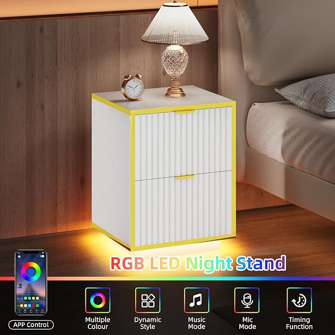 White Nightstand, Fluted End Table with LED Lights, Modern Nightstand with Floating Base, Bedside Table with Storage, End Table with Drawers for Bedroom, White and Gold