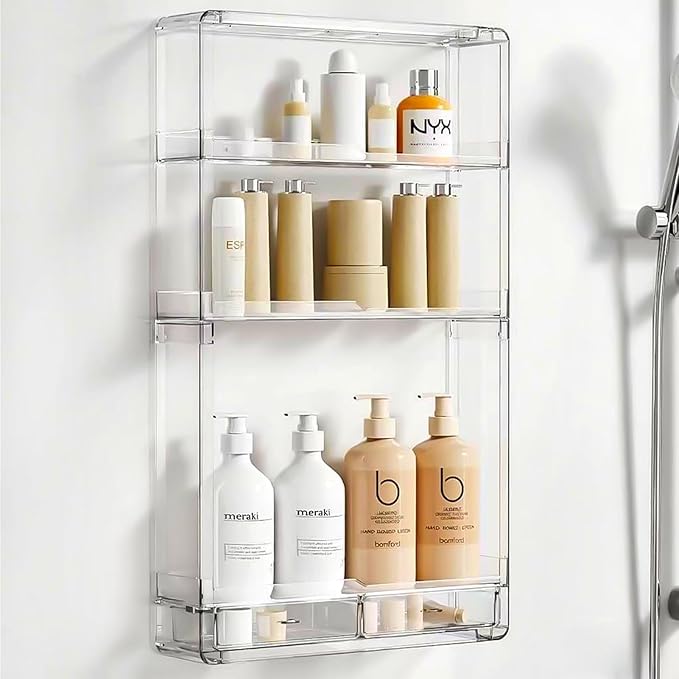 Shower Caddy Adhesive, X-Large Capacity Bathroom Organizers and Storage, No Drill Shower Organizer, Clear Wall-Mounted Bathroom Storage Shelf for Kitchen, RV, Cosmetic