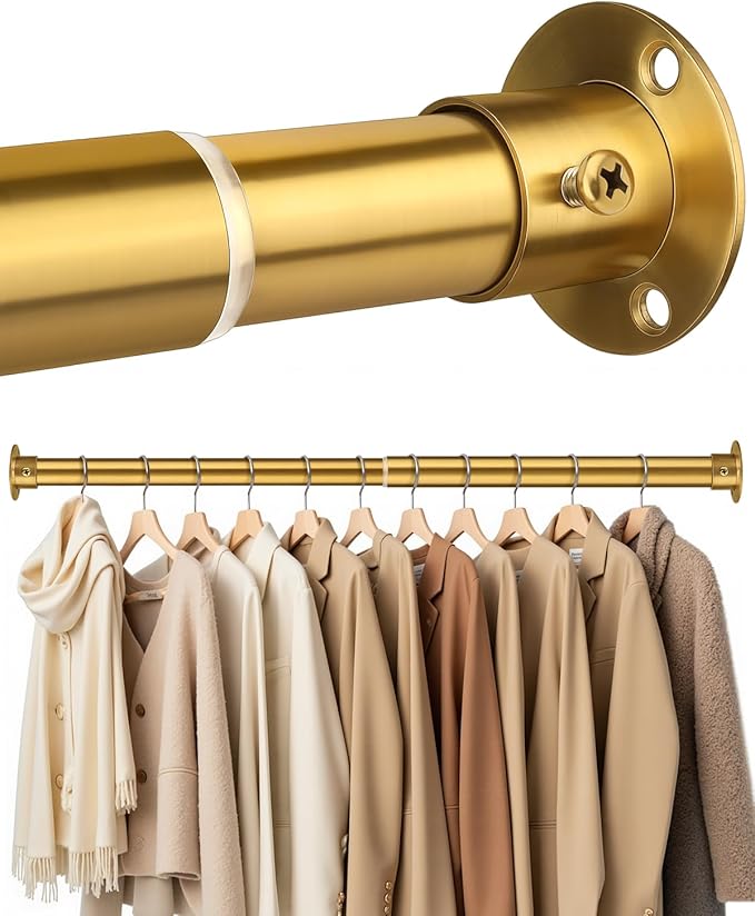 Closet Rods for Hanging Clothes, 17-40 Inch Heavy Duty and Stepless Adjustable Closet Poles, Stainless Steel Closet Hanging Rod for Closet, Wardrobes, Laundry Room, Bathroom, RV (Gold)