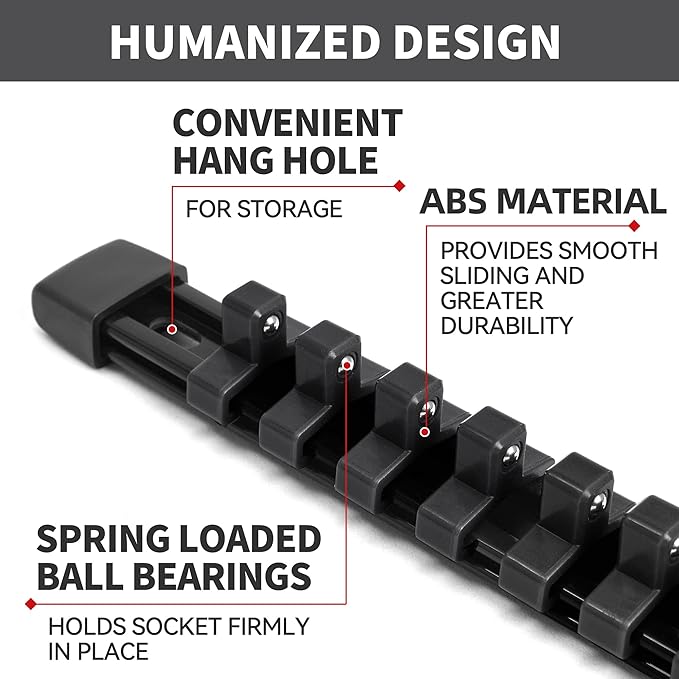 Socket Organizer Drive ABS Tools - Black Socket Holder, Premium Quality 9 Pieces Socket Holders Kit 1/4-Inch x 48 Clips, 3/8-Inch x 45 Clips, 1/2-Inch x 36 Clips（9PC,Black