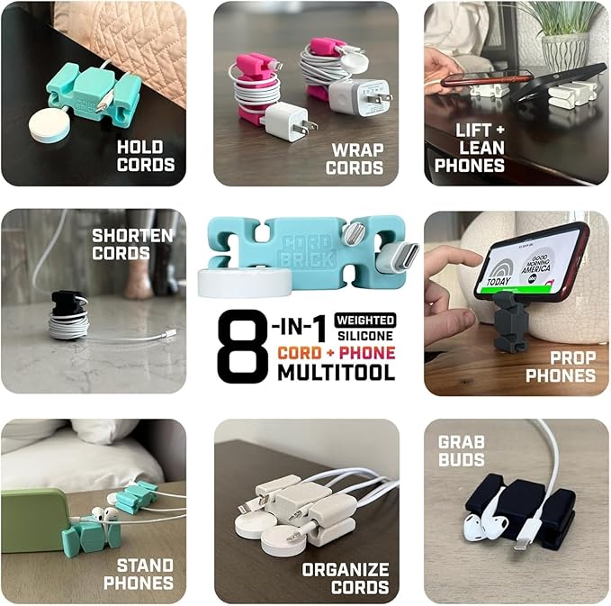 CordBrick Stocking Stuffers for Adults Cord Management Weighted Cord Holder Cable Wrap Phone Stand - Multiuse Gadget Organizer for Nightstand, Desk. Gift for Men, Durable Silicone. 1pk Aqua