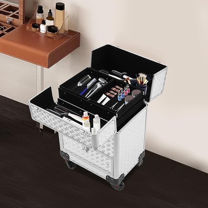 Rolling Nail Case, Salon Makeup Train Case Nail Storage Box Manicure Case Makeup Case on Wheels with 4 Detachable Wheels & 1 Sliding Drawer for Makeup Artists, Hairdressers, Manicurists