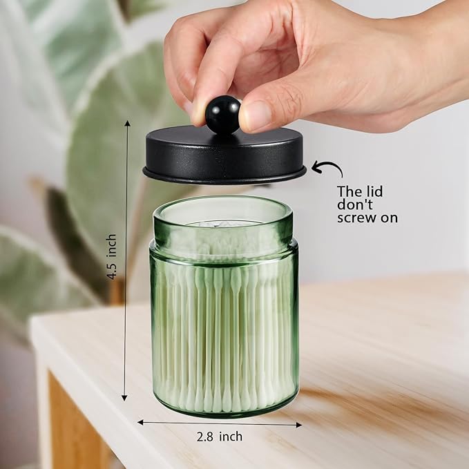 Amolliar Sage Green Qtip Holder, Glass Apothecary Jar Metal Lid & Stickers, Bathroom Qtip Dispenser Storage Canister, Perfect for Cotton Balls, Cotton Swabs, Round Pads, Bath Salt, Floss, Black 4 Pack
