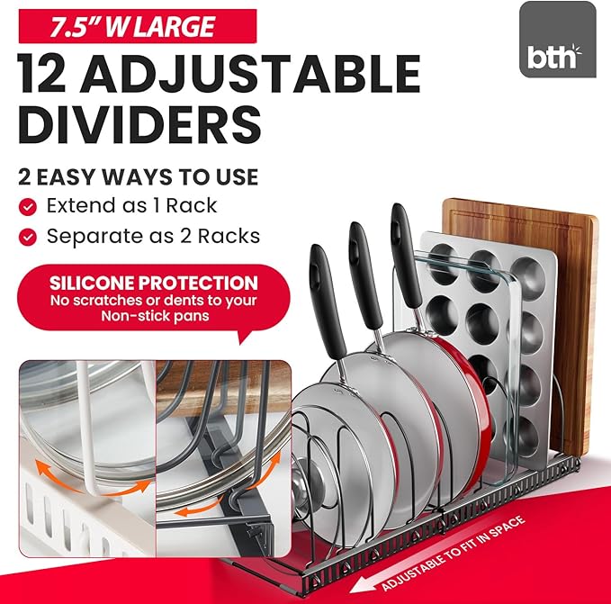 Better Things Home 12+ Expandable Pan and Pot Lid Organizer Rack for Cabinet, Pot Lid Holder Pot Organizers Inside Cabinet, Pots and Pans Organizer Under Cabinet (Dark Grey, PAN & BAKEWARE)