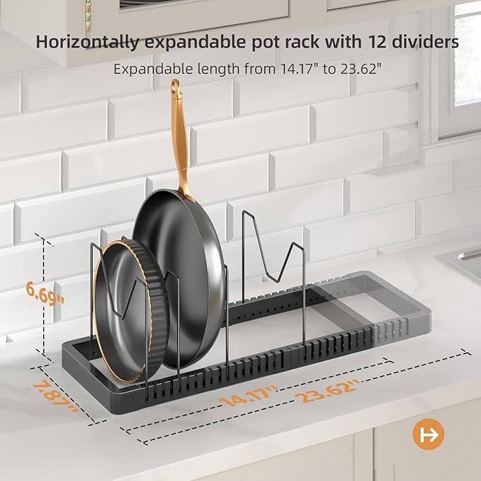 Pots and Pans Organizer under Cabinet, Expandable Pot Lid Organizer Holder with 12 Adjustable Compartment, Pan Organizers inside Cabinet for Lids, Bakeware, Kitchen Storage Pot Rack, Black