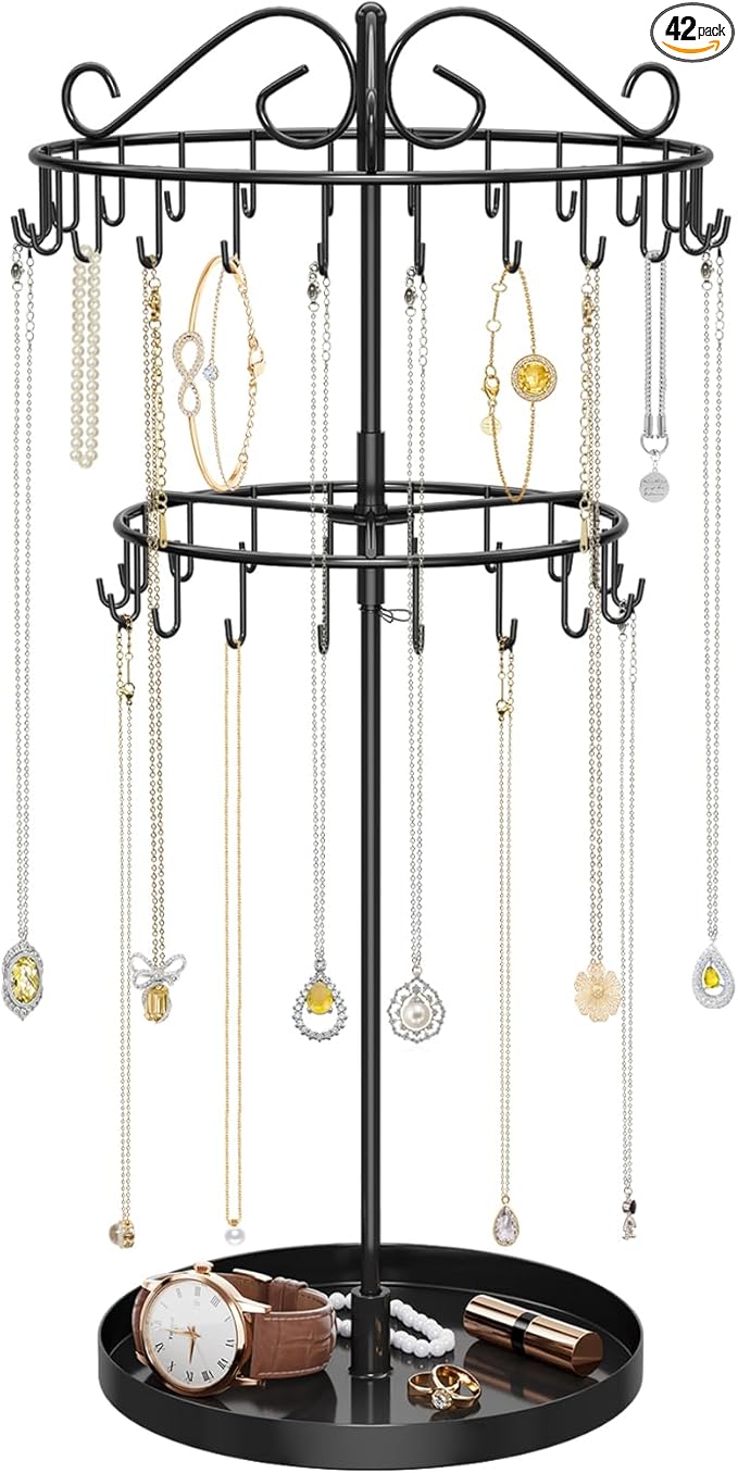 iDavosic.ly 2 Tier Rotating Necklace Organizer with Jewelry Tray, Adjustable Metal Necklace Holder with 42 Hooks, Extra Tall Bracelet Keychain Spinning Display Stand Tree Tower for Women, Black