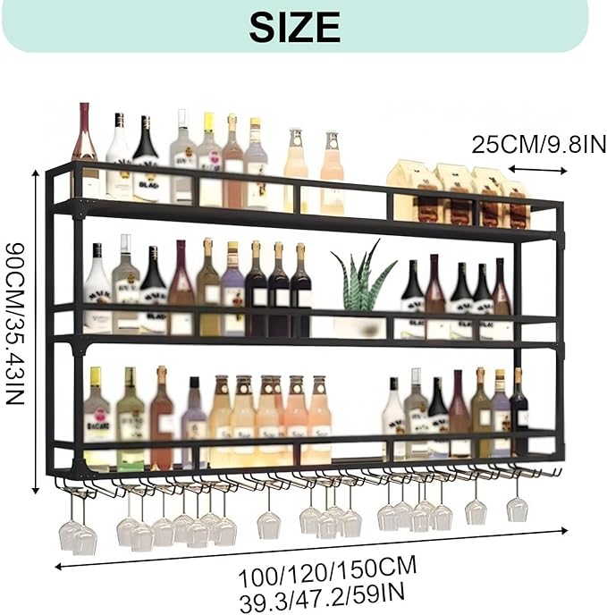 70.8in Wall Mounted Wine Rack, Wine Rack Wall Mounted with Wine Glass Rack, Metal Bar Bottle Display Shelf Wine Cups Hanging Holder, for Home Bar Cafe Decoration (Gold, 70.8 * 10 * 35.5IN)