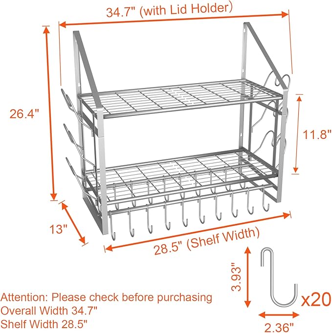 28 Inch Pot Rack Wall Mounted, 2 Tier Pots and Pans Organizer with 20 Hooks and 6 Pot Lid Holders, Heavy Duty Steel Pot and Pan Hanger for Kitchen Cookware Utensils Storage, Silver