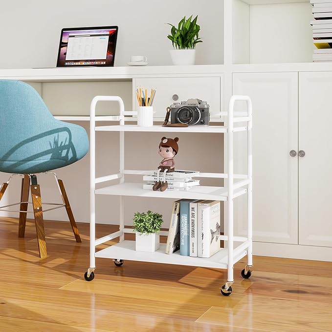 HDANI 3 Tier Metal Utility Multipurpose Rolling Cart,Large Capacity Heavy Duty Rolling Cart with 2 Lockable Wheels for Home,Office,Kitchen,Bathroom,Bedroom,White