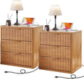 LEYAOYAO Fluted Nightstand Set of 2 with Charging Station,23" Modern Nightstand with Woodgrain Top, 3 Drawer End Table w/Storage, BedsideTables for Bedroom, Living Room, Curved Profile,Brown
