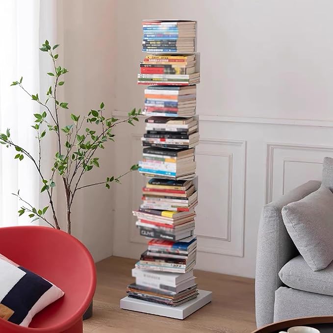 Invisible Vertical Spine Bookshelf Tower,Tall Narrow Metal Bookshelf for Small Space,Corner Floor Standing Book Organizers for Living Room, Office, Entryway(5 Tier, White)
