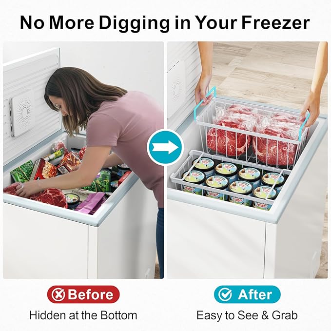 iSPECLE Freezer Organizer Bins - 6 Pack Small Stackable Deep Freezer Organizer Bins for 7 Cu.Ft Freezers Easy Get Bottom Foods without Digging, Chest Freezer Organizer Prevent Frozen Food Waste, White
