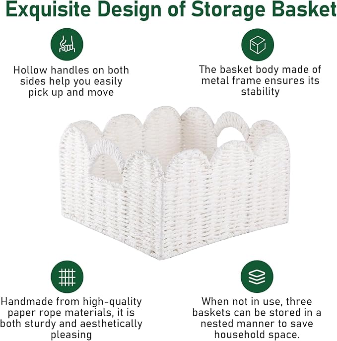 OIAHOMY Scalloped Wicker Baskets, Hand-woven Storage Baskets with Built-in Handles, Paper Rope Shelf Baskets for Organizing and Decoration, Set of 3-White