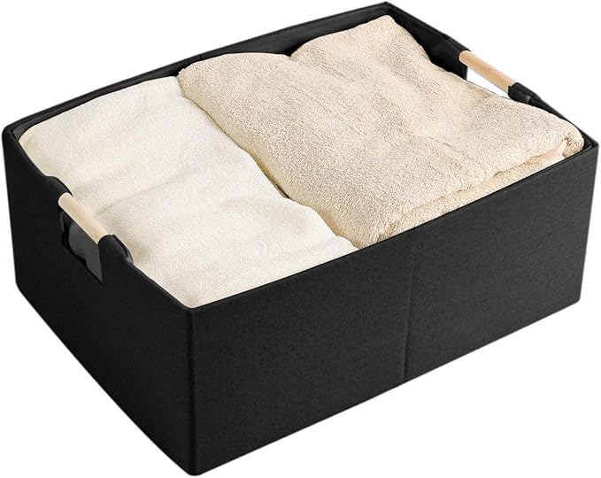 Fabric Storage Bin 3 Pack Foldable Cotton Linen Storage Basket with Wooden Handles Rectangular Cube Box– Black, Large