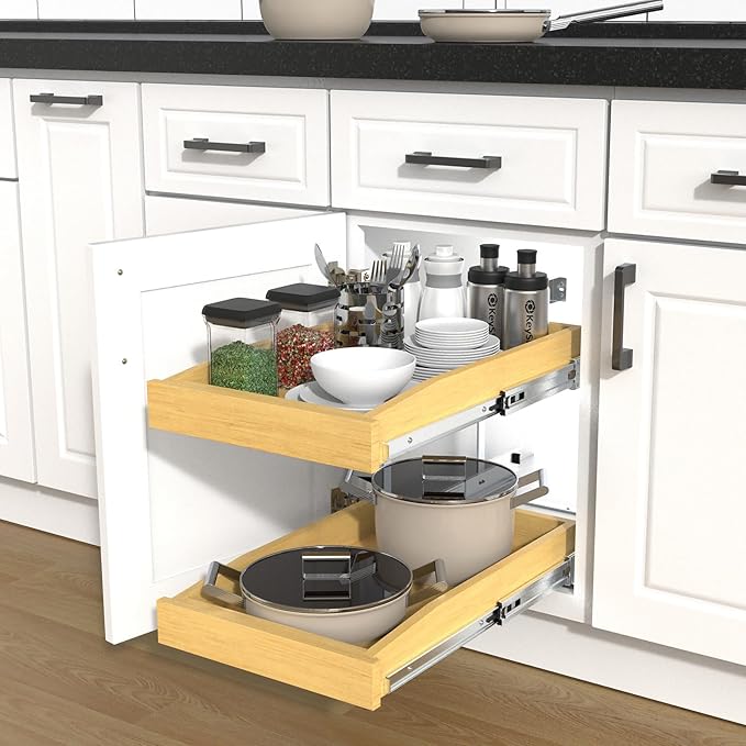 2 Tier Pull Out Cabinet Organizer, 20"W x 21"D Solid Wood Heavy-Duty Base Bottom Assembly Slide out Drawer Shel Cabinet Organization for Kitchen, Pantry, Bathroom