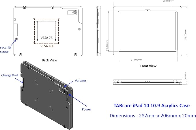 TABcare Anti-Theft Acrylic VESA Enclosure Made for Apple iPad 10 10.9" 2022, iPad 11 11" 2025 A16 with Low Profile Wall Mount Kit & 90-Degree Angle USB C Charge Cable (Black)