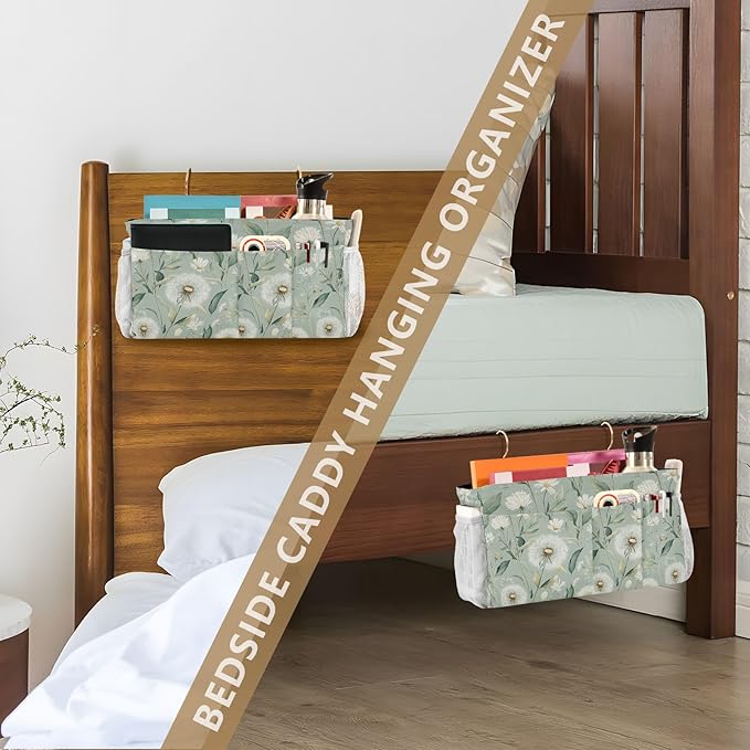 Sage Green Dandelion Bedside Caddy for Dorm Bed Bedside Hanging Caddy Bag Iron Frame Storage Organizer Pocket for Bunk Home College Hospital Beds 2 Hooks