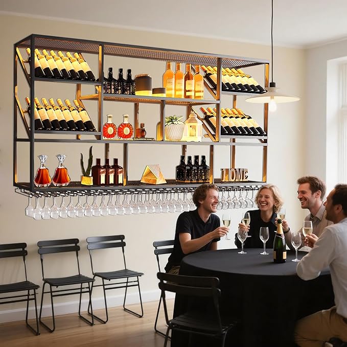3 Tier Large Wine Rack Wall Mounted with Glass Holder, Black Modern Iron Liquor Shelf, 78.7 Inch Large Wine Bottle Display Shelf, for Kitchen Dining, Home Bar, Cellar (78.7" W)