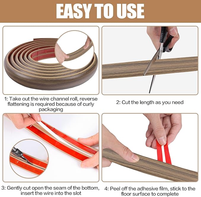 Floor Cord Cover Self Adhesive Cord Hider,3.3FT Cable Management, Extension Strip Protector for Wires, Prevent Cable Trips for Offices, Gyms, Exhibitions Cavity:0.3"(W) x0.28(H) Woodsmokedbrown