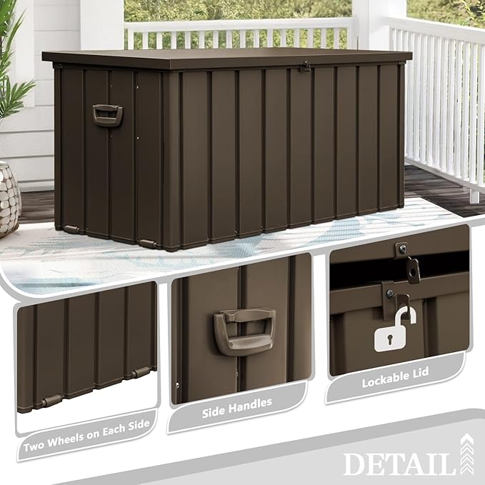 Domi 120 Gallon Metal Deck Box Waterproof, Outdoor Storage Box with Lock Wheels Side Handles, Outside Storage Box for Patio Cushions, Shoes & Pool Tools