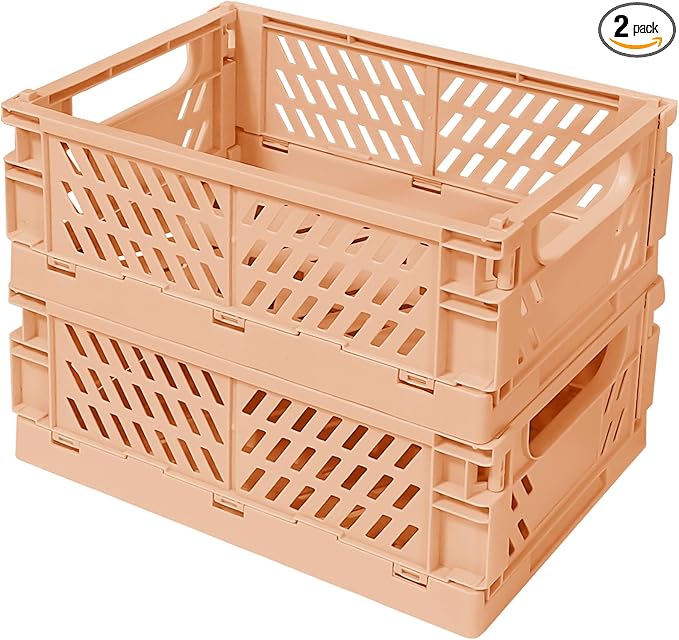 Pastel Plastic Storage Baskets 2 Pack, Collapsible Crates for Organizing, Space-Saving Bins for Kitchen, Office, Bedroom (Orange, Small: 5.8"x 3.8" x 2.2")