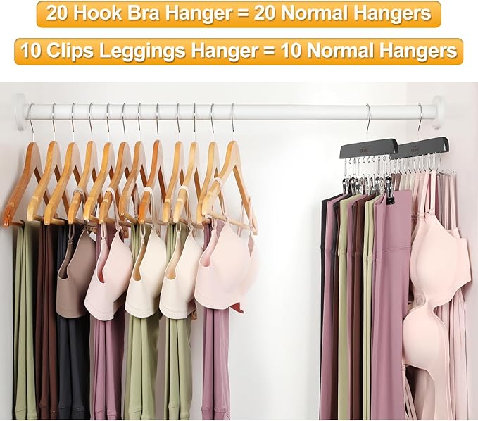 TOPIA HANGER 2 Pack Bra Hanger with Leggings Organizer, 2-in-1 Space Saving Hangers Neatly Store Max 20 Bras and 10 Leggings, Pants Jeans Shorts Skirt Tank Top Hanger for Closet Black CT76B