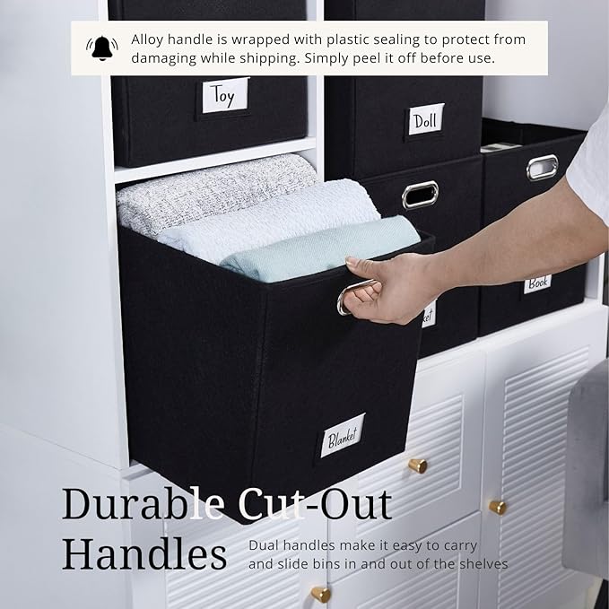 DECOMOMO Black Storage Bins, 13 inch Cube Storage Bins with Labels, Felt Baskets (Cube 13" / 6pcs, Black)