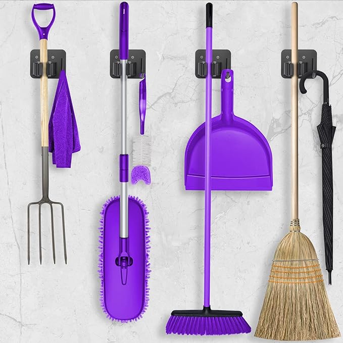 Stainless Steel Broom Holder, Heavy Duty, Rust Resistant, 4 Gripper Positions with 4 Hooks, Black