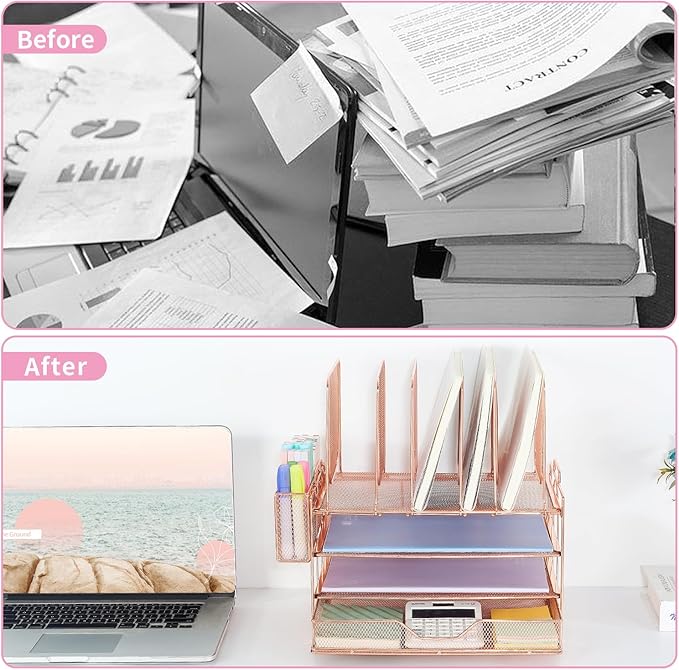 Desk Organizers and Accessories, 3-Tier Paper Organizer with 5 Vertical File Holders, File Organizer for Desk (Rose Gold With Drawer, 3T With Drawer)