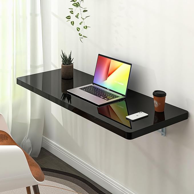 Clikuutory Wall Mounted High Gloss Folding Table 39.4" L x 19.7" W, Laundry Folding Table for Laundry Room, Home Office, Kitchen, Bedroom, Home Bar, Wall Desk Fold Down for Small Spaces, Black
