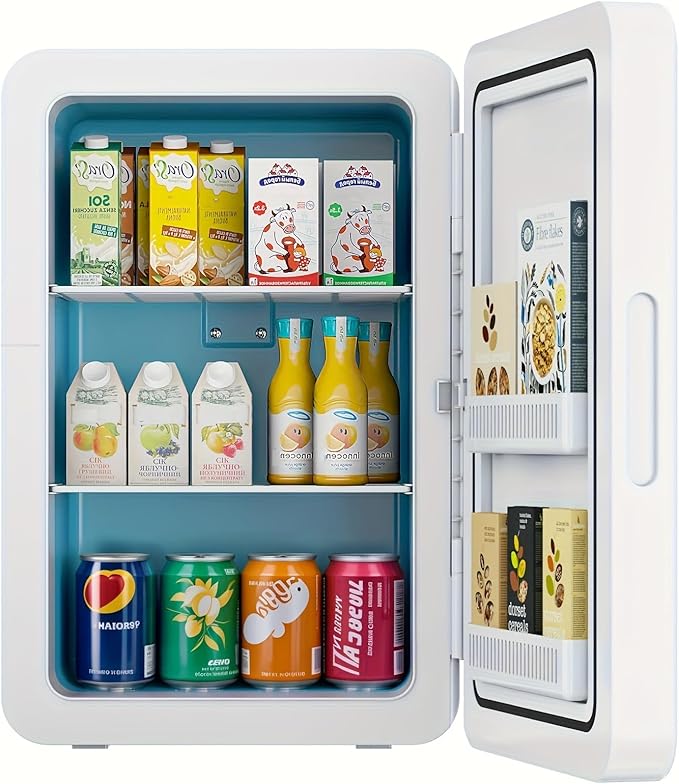 22L/30Cans Mini Fridge for Bedroom, 12v DC Portable Cooler & Warmer, Mini Refrigerator with Glass Front, for Car Office Desk & Dorm Food Beverage Skincare Makeup (White)