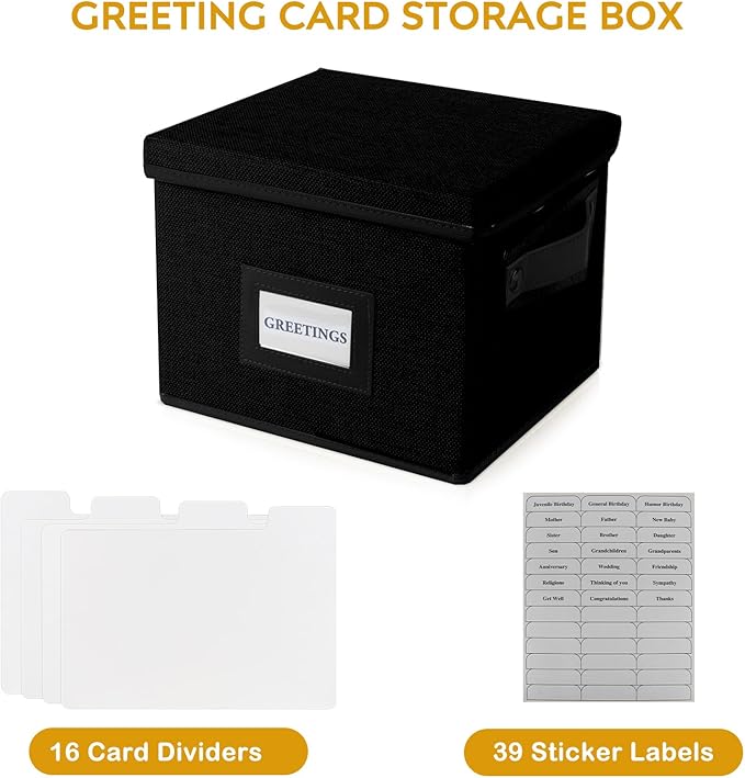 Greeting Card Organizer Box with 16 Dividers,Collapsible Greeting Card Storage Box with Handles Hold 150+ Cards,Greeting Card Holder for Greeting Cards,Sticker, Recipes, Photos, Envelopes,2-Pack
