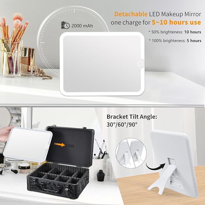 Makeup Case with LED Mirror - Black Fluid-Color Makeup Box with Detachable Lighted Mirror, Travel Cosmetic Train Case Organizer with Adjustable Dividers and Tool Panel for Brushes
