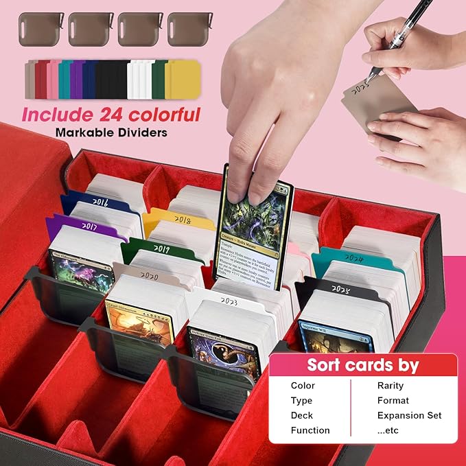 Red Card Organizer Box, 3000+ Trading Card Storage Box, PU Leather, 24 Dividers, Magnetic Closure, 4 Supporters, Card Holder Box For Game Sports Card
