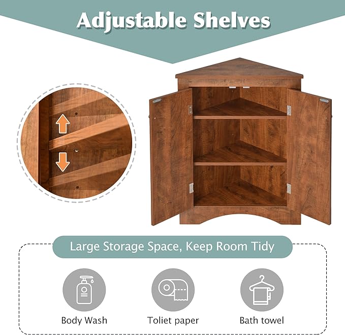 GDFStudio 31.5" H Triangle Corner Bathroom Storage Cabinet with Adjustable Shelves,Freestanding Floor Cabinet for Small Spaces,Water-Resistant Cabinet Modern Organizer for Home,Kitchen,Hallway, Brown