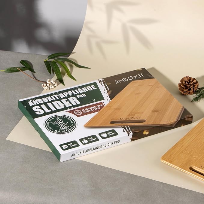 Bamboo Appliance Slider, Sliding Tray for Coffee Maker, Kitchen Countertop Appliance Rolling Tray, Coffee Pot Slider Tray with Rubber Wheels, Wide - Large (13"D x 16"W)